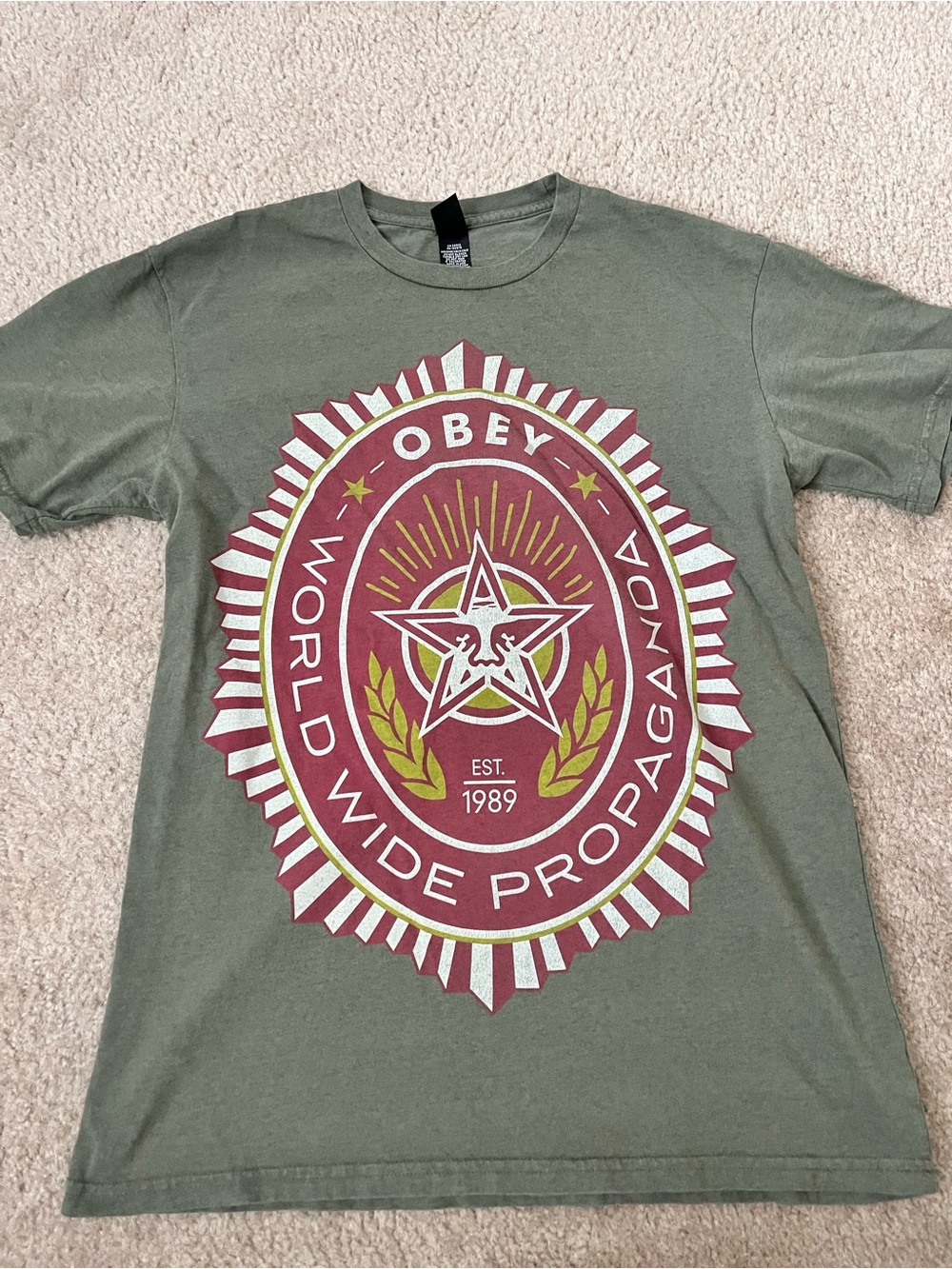 Obey World Wide Propaganda Mens Graphic Tee - Olive Green Size Medium